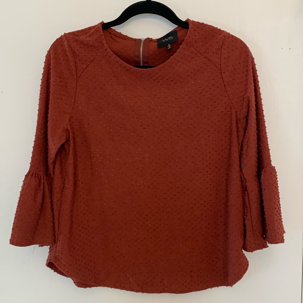 Rust Bell Sleeve Top -Women’s 3/4 Length Flared Sleeve Blouse, Boho Style, Small